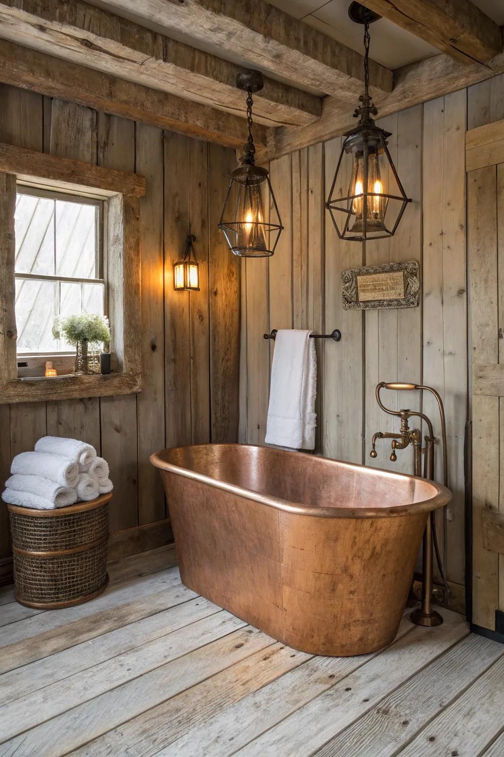 A metal soaking tub that radiates rustic beauty.