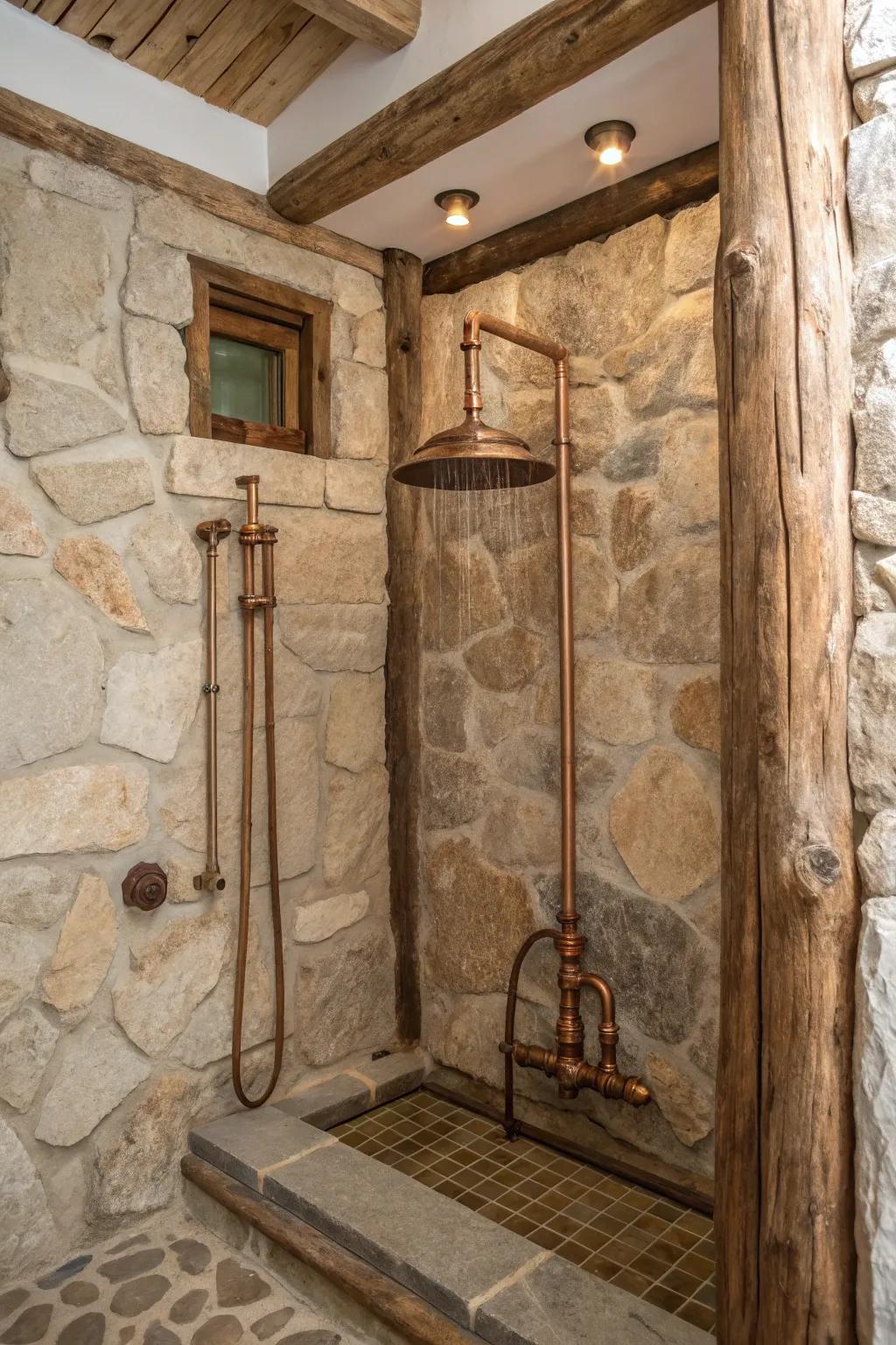 A weathered shower emphasizing copper fixtures that contribute a vintage-inspired appeal to the location.