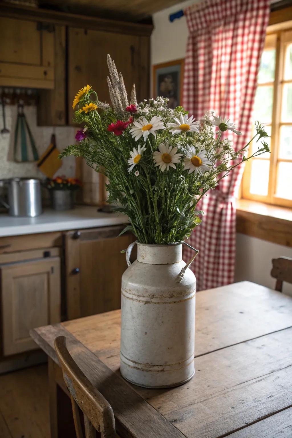 Quaint dairy jugs become singular and memorable containers.