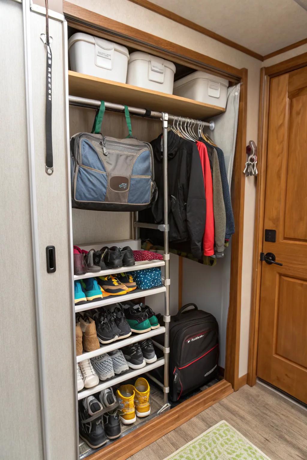 Shoes are neatly arranged using a tension rod shoe organizer.