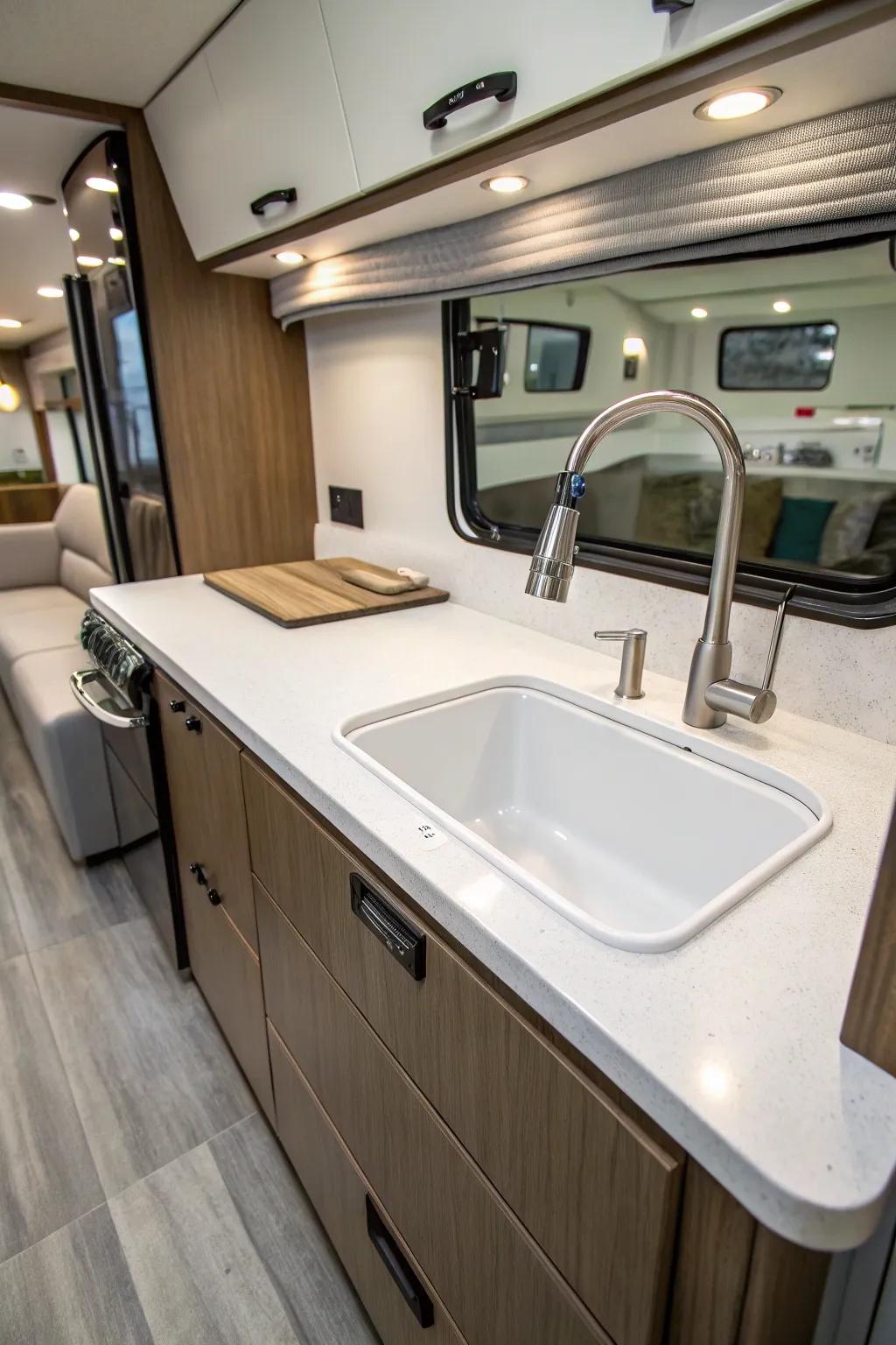 An attached basin and countertop for a consistent appearance.