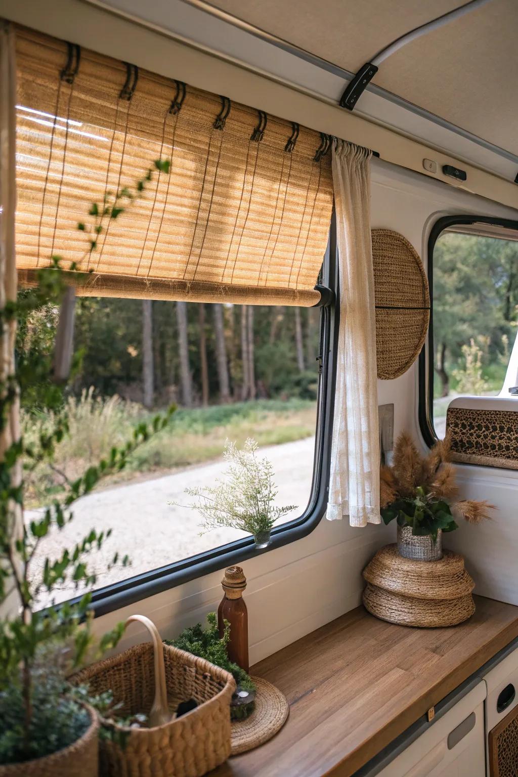 Bamboo blinds infuse a cozy and organic ambiance into your RV.