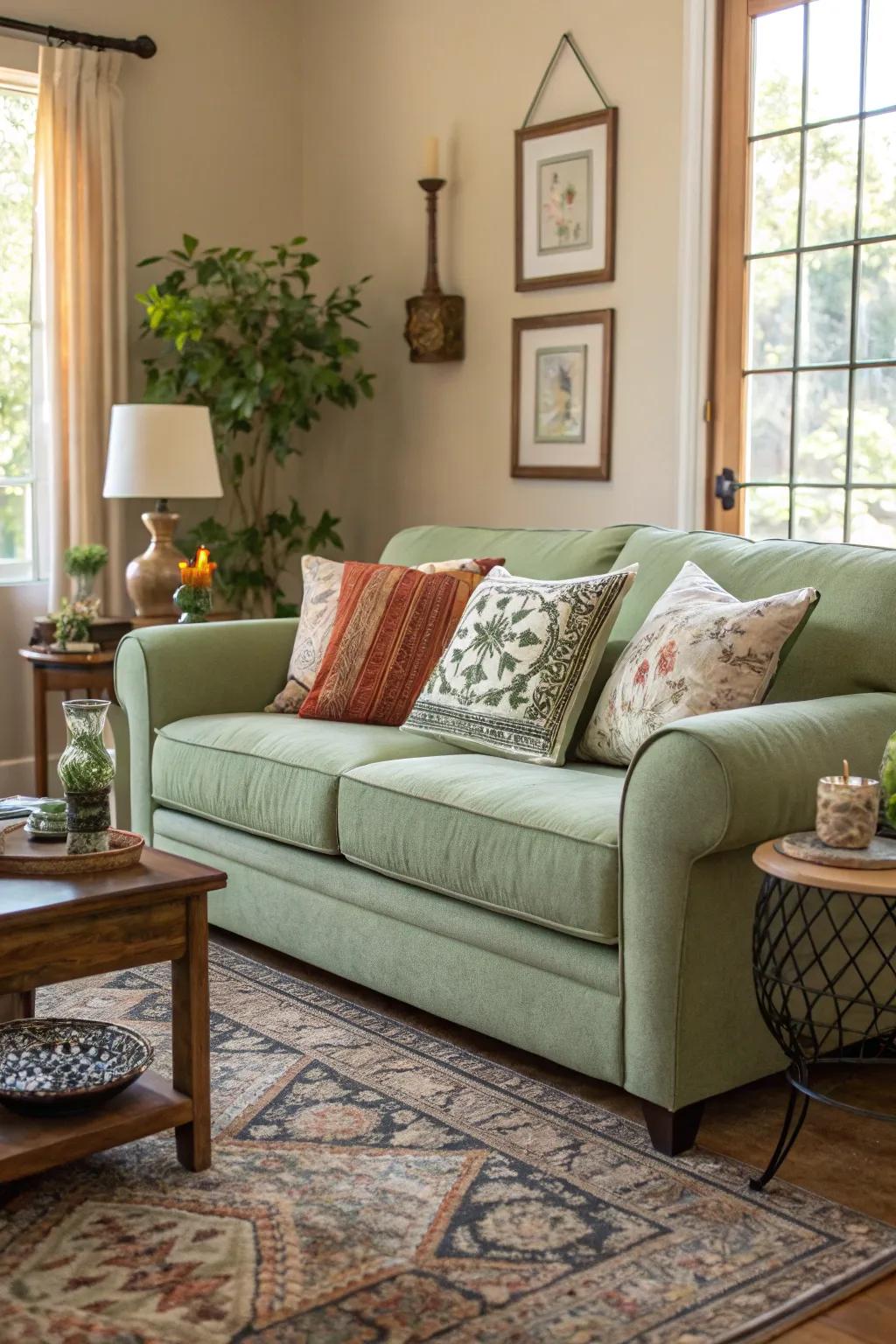 A settee in sage offers an elegant, serene focus.
