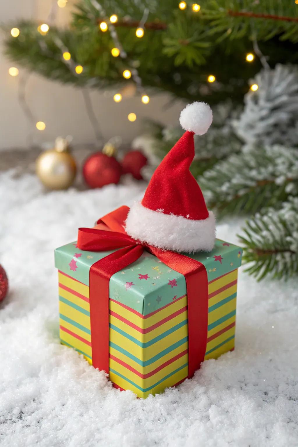 A Santa hat decor adds playful charm to all present containers.