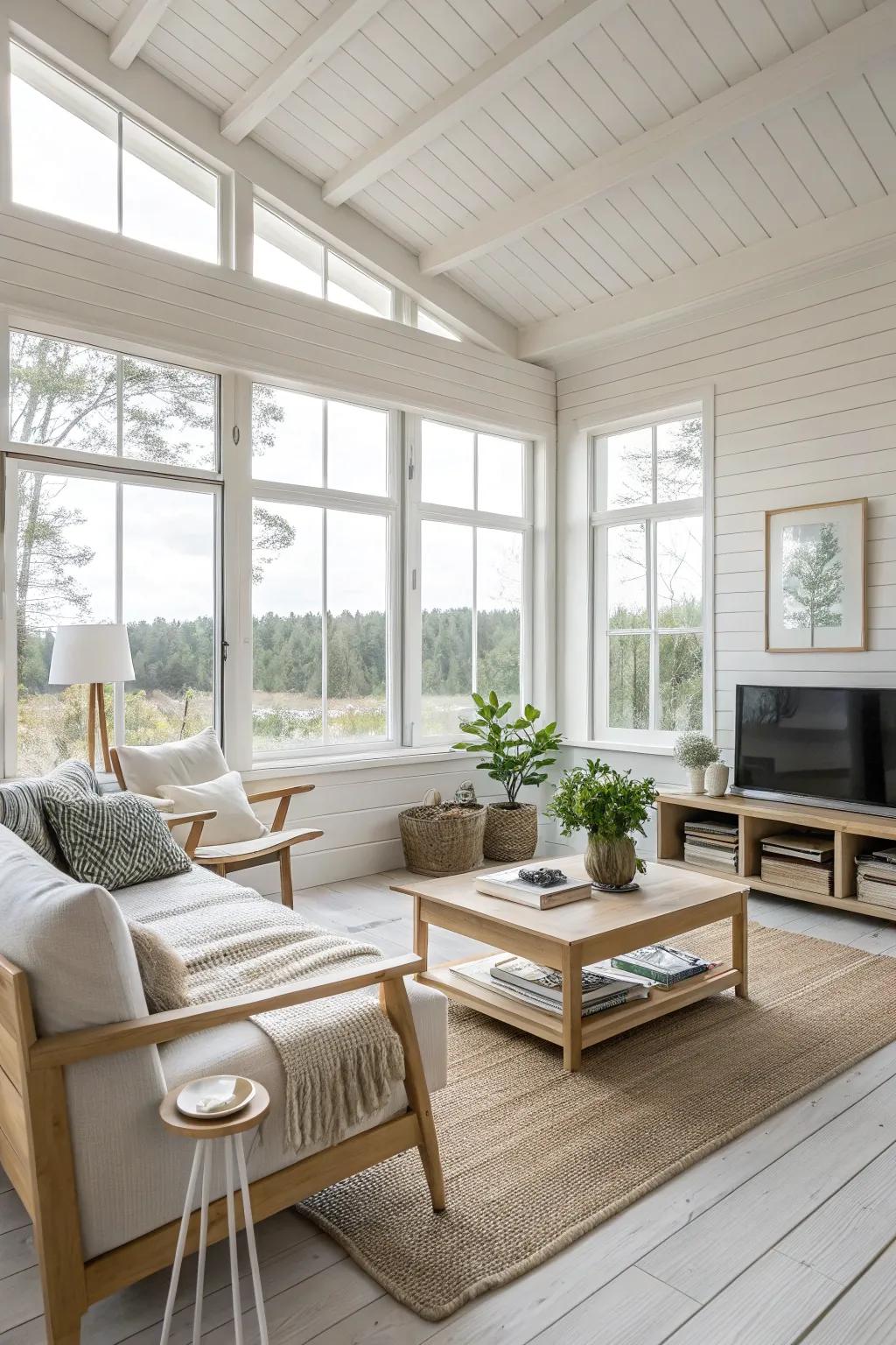 Useful furniture enlivens this minimalist Scandinavian room.