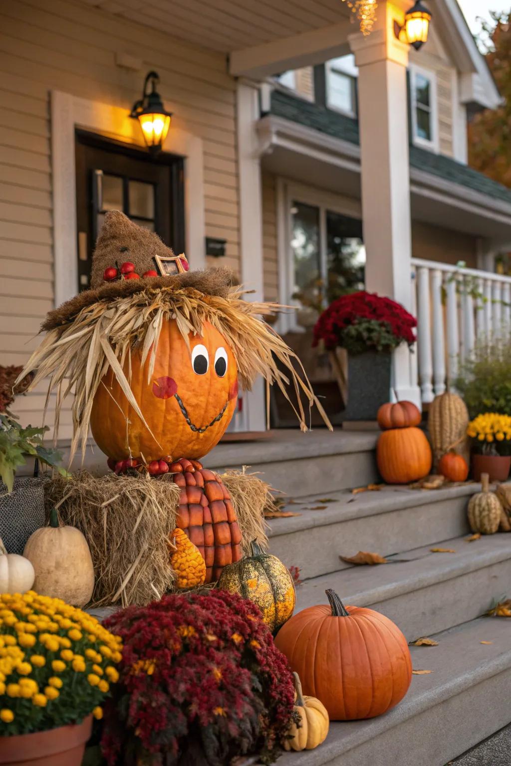 Hay hair gives this scarecrow pumpkin a fun twist.