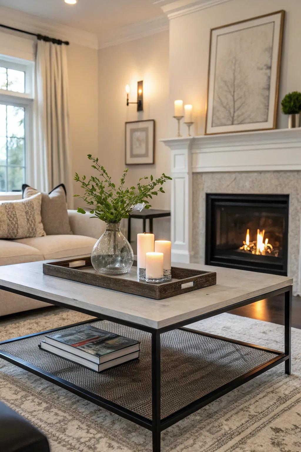 A useful coffee table creates a welcoming hub facing the fireplace.