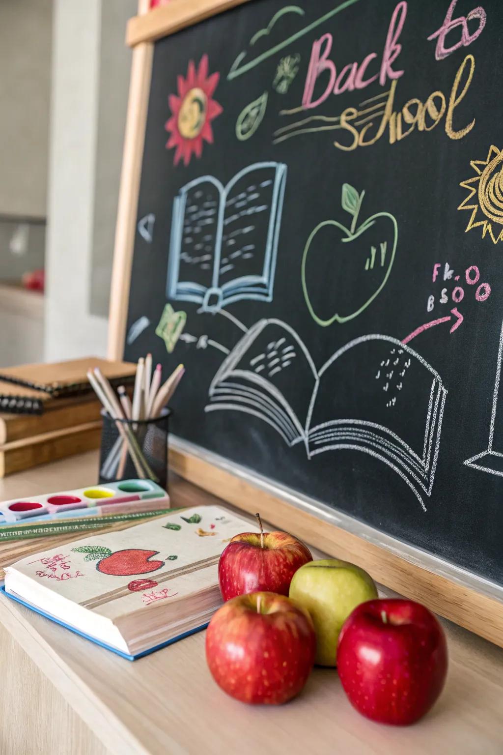 A playful school-themed chalkboard with books and apples.