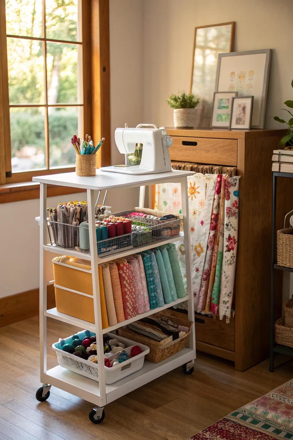 A rolling cart presents dynamic and transportable storage possibilities.
