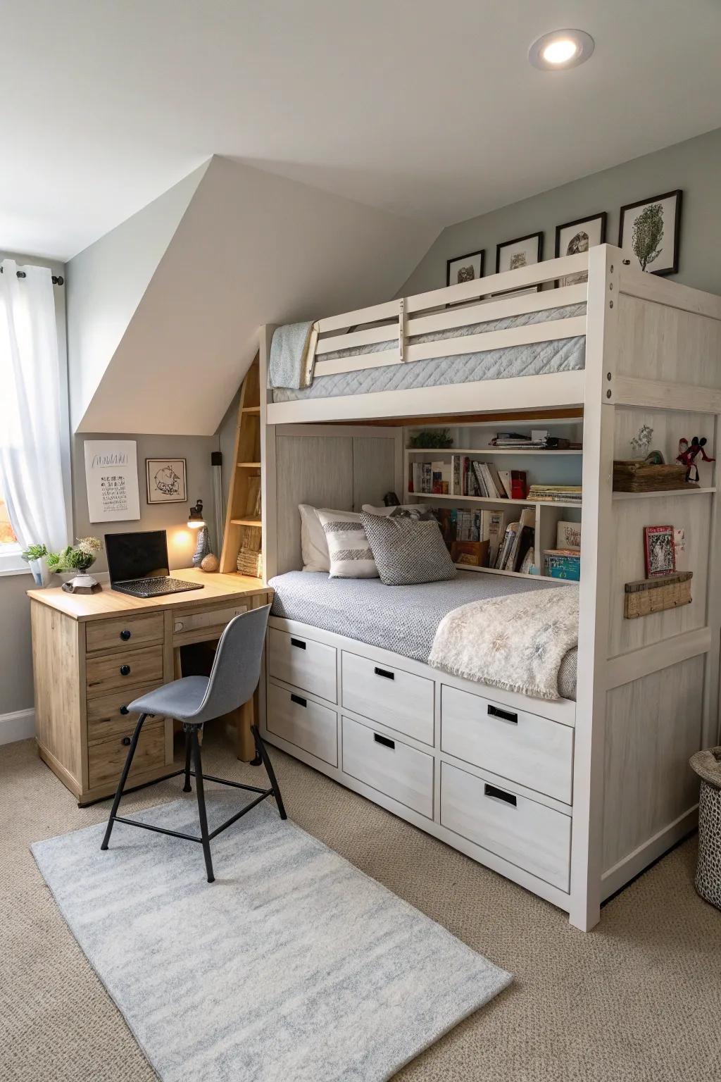 Adaptable furniture maximizes every bit of space in this shared sleeping quarter.