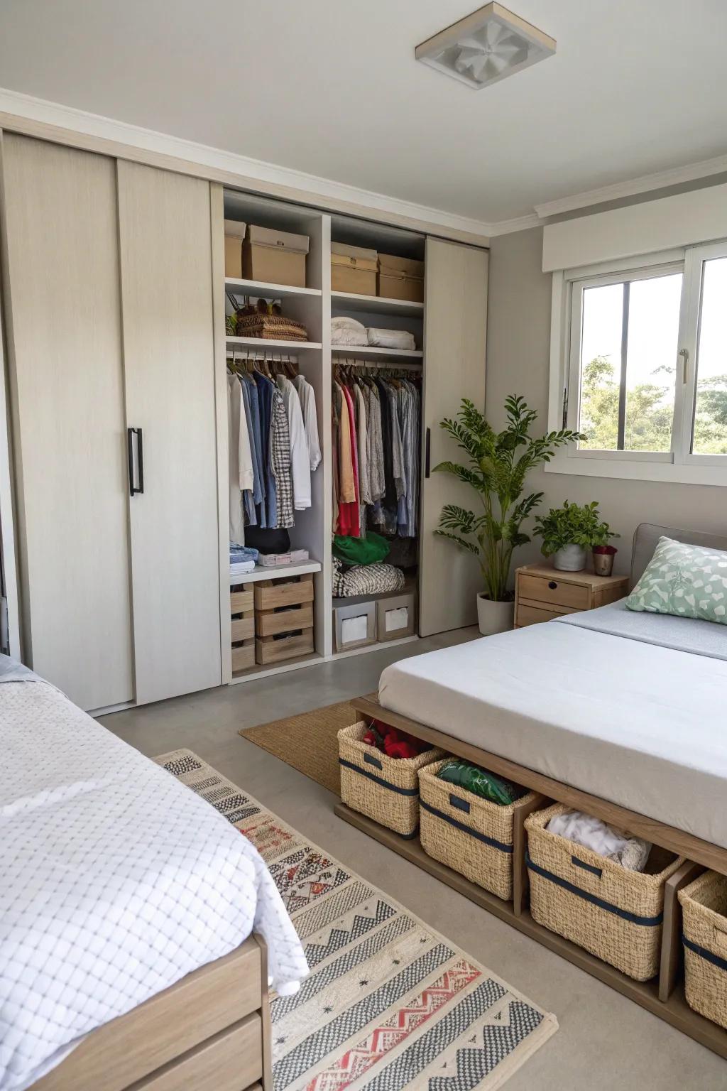 Smart storage solutions keep the shared room tidy and functional.