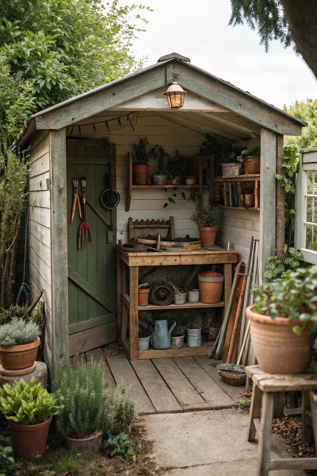 Convert your she shed into a gardener's paradise using simple furniture and abundant greenery.