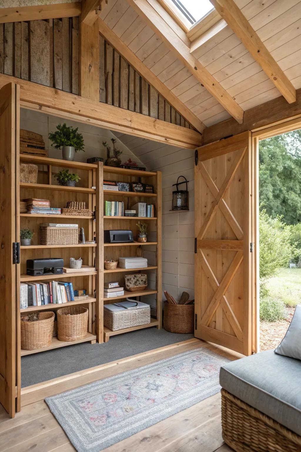 Open shelving elegantly divides spaces while keeping them connected.