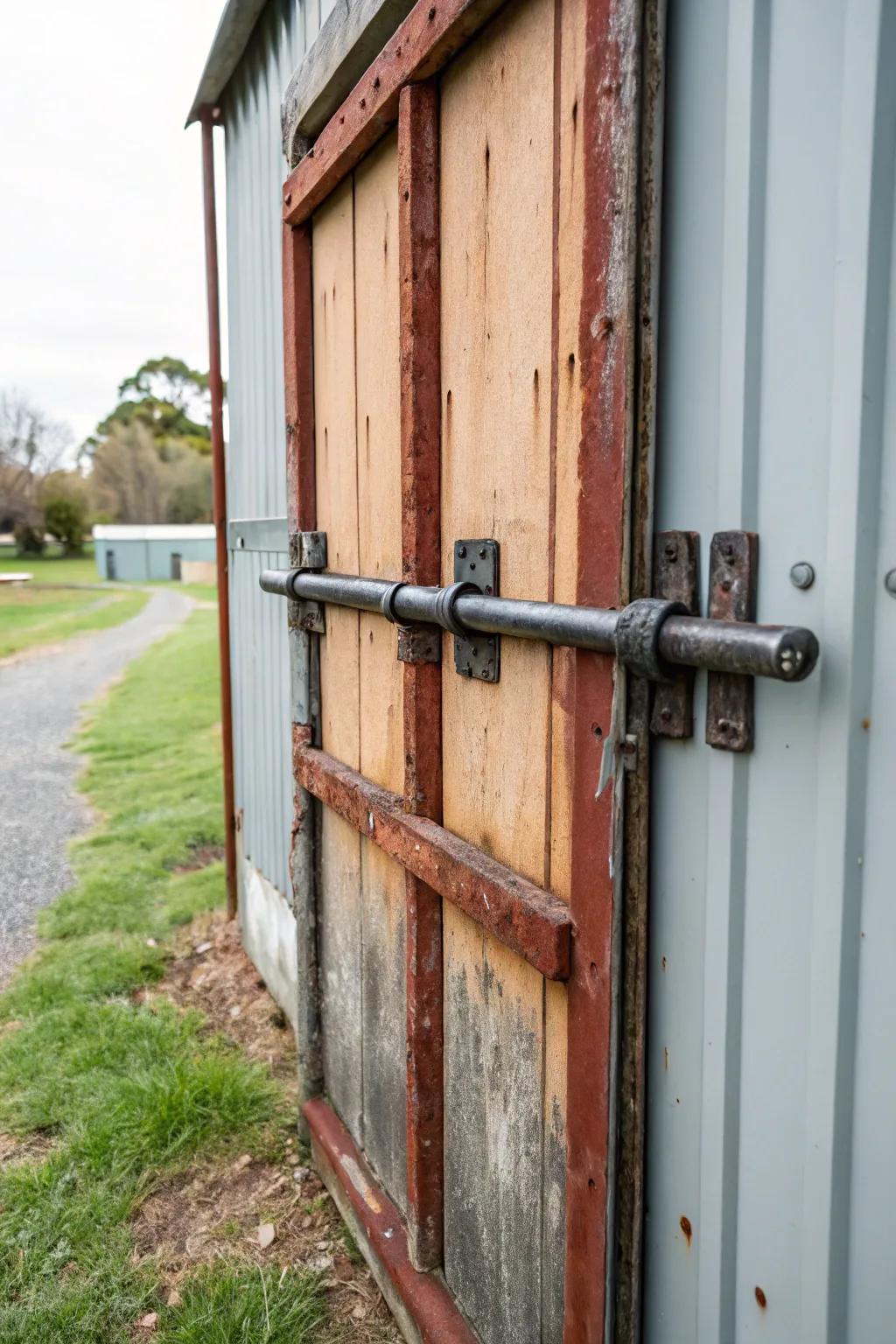 A substantial metal security bar competently secures a shed entrance.