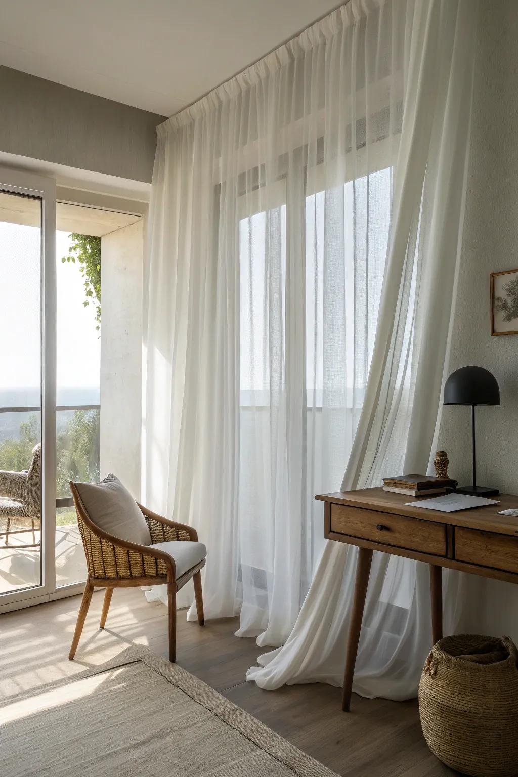 Understated lightweight curtains fluidly assimilate with minimalist styling, originating a subtle sophistication.