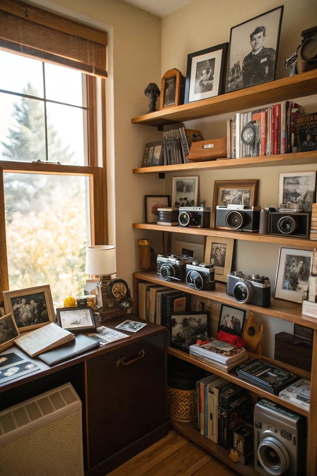 Study room shelves featuring vintage cameras and cherished photographs.