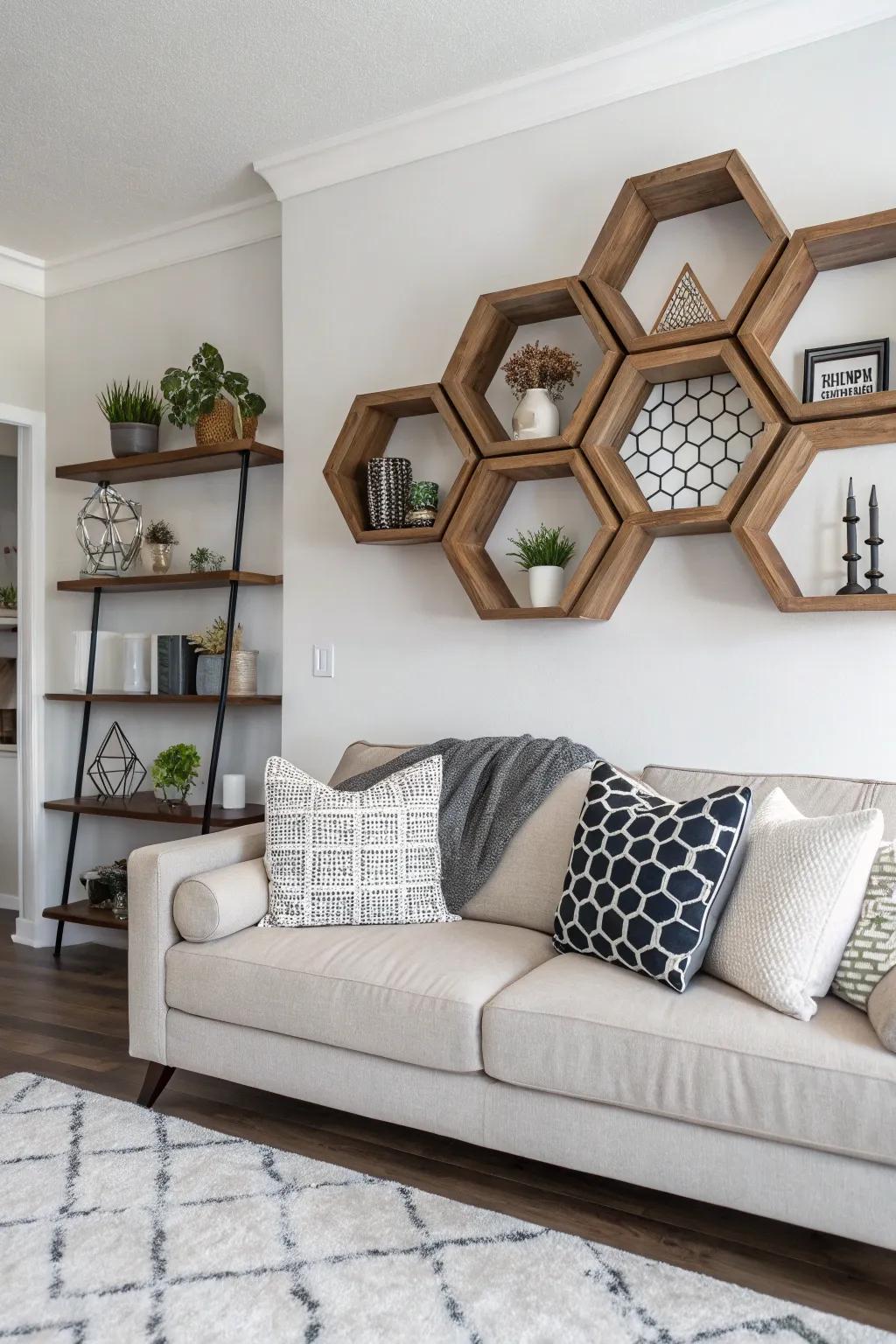 Geometric shelves offer a strong and modern statement.