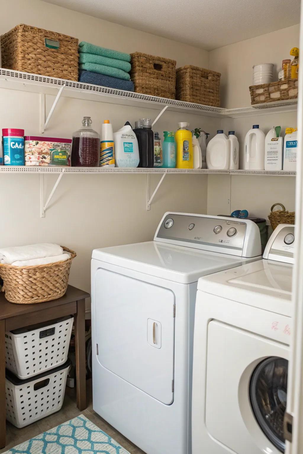 Shelves are thoughtfully placed above washer and dryer units for easy storage of laundry necessities.
