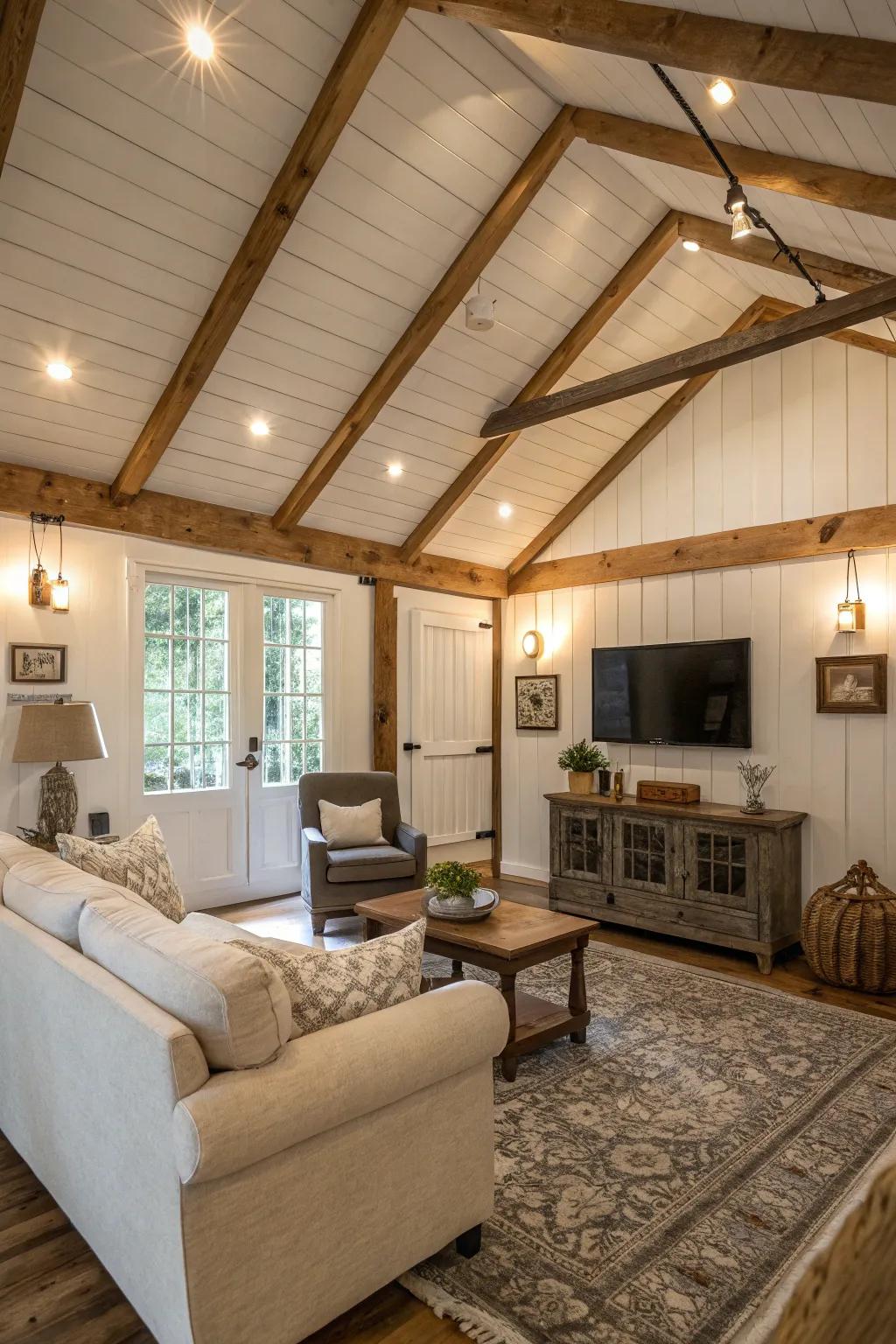 Rustic enchantment emanates from exposed beams harmonizing with a shiplap ceiling.