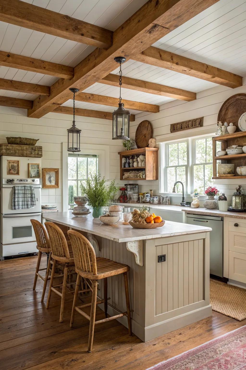 Countryside attraction with a shiplap island and countryside wood beams.