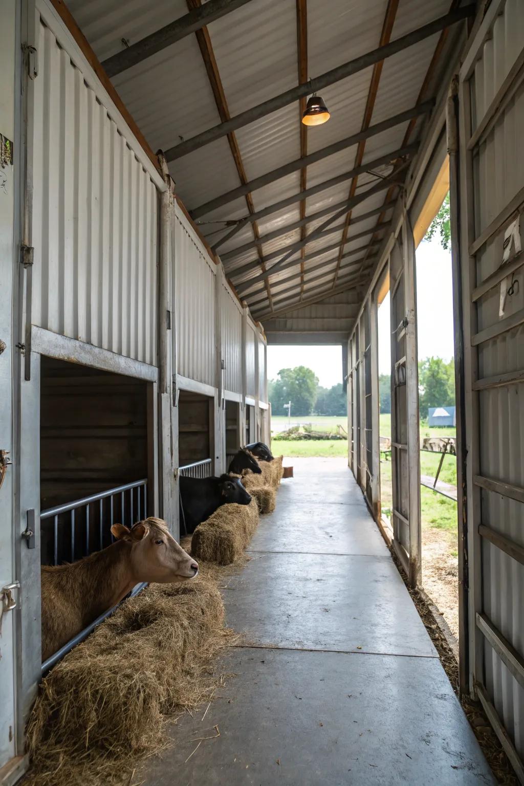 Animals feel right at home inside a light-filled cargo box barn.
