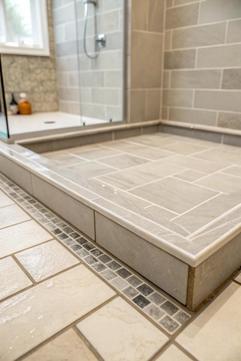 A shower pan styled with large muted and gray units for a minimalist and calm vibe.