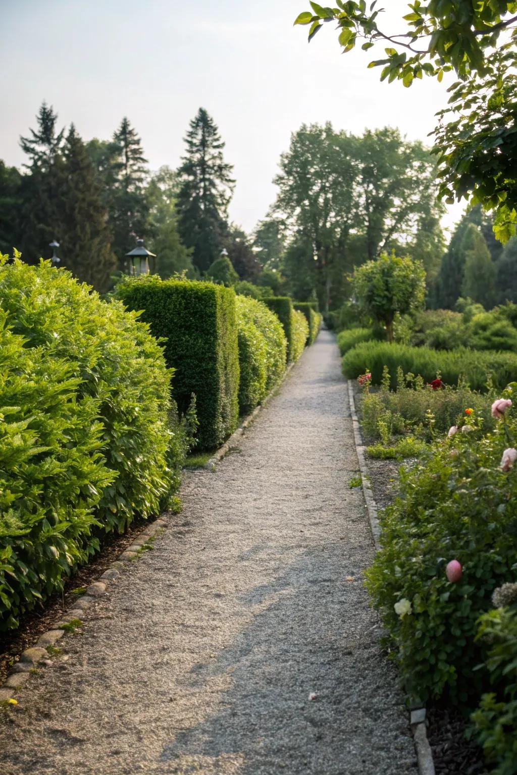 A scenic path bordered by vibrant bushes in a tranquil garden environment.