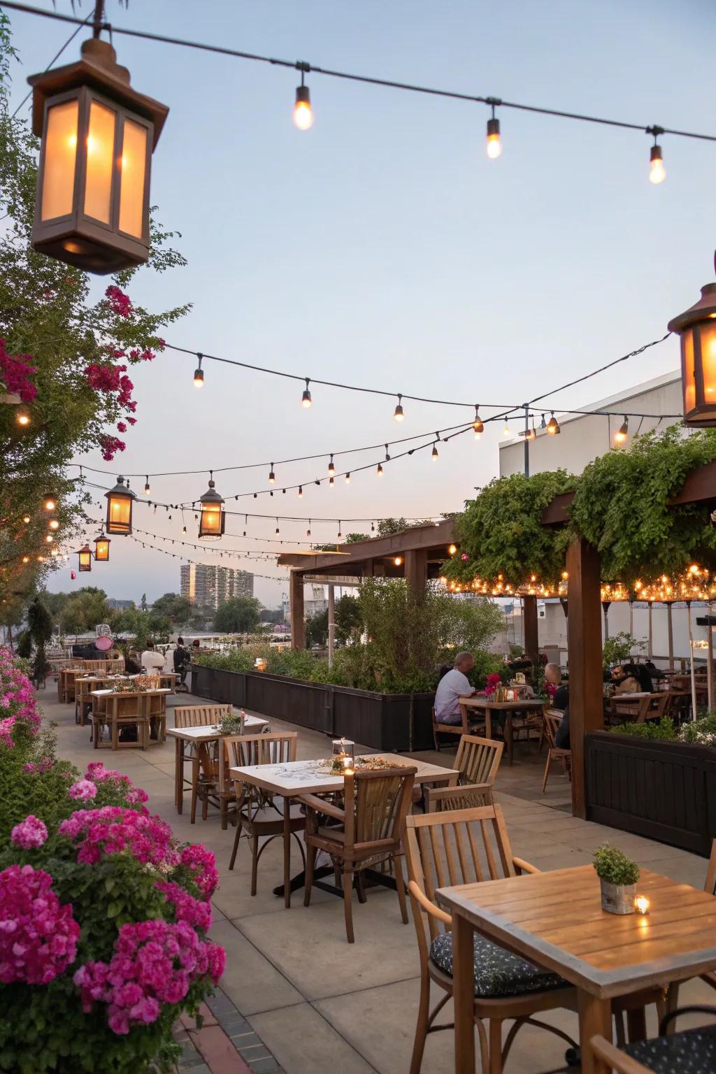 Open-air seating turns appealing with the correct lighting.