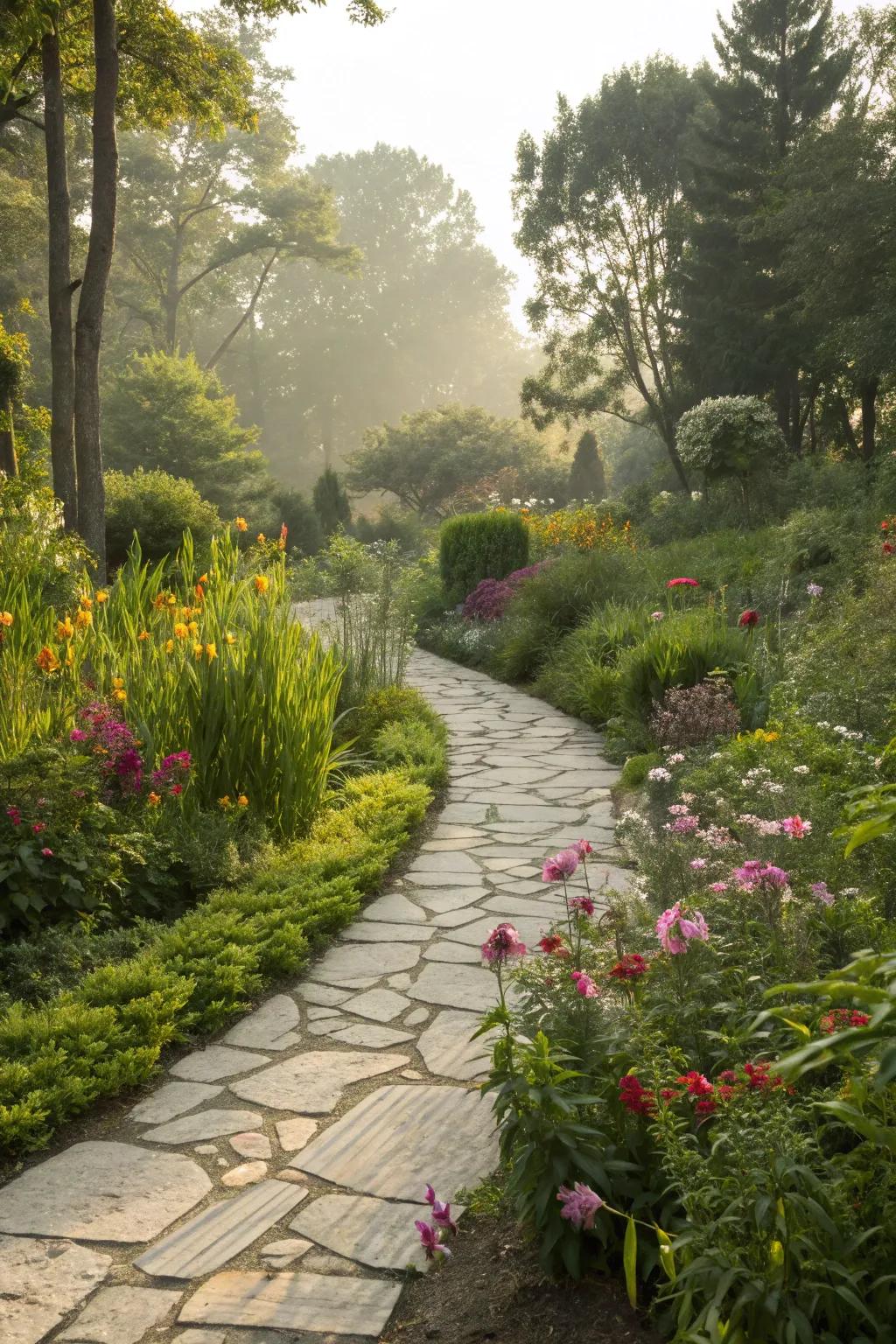 An inherent rock walkway meandering through a peaceful garden.