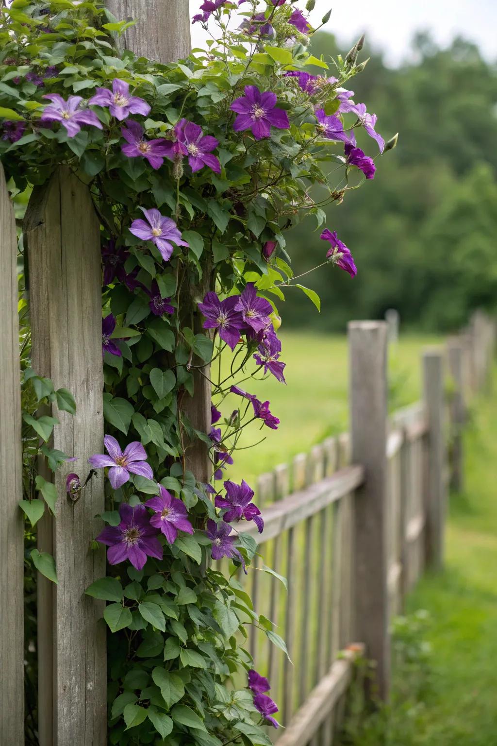 Clematis vines contribute vertical sophistication and color to fences.
