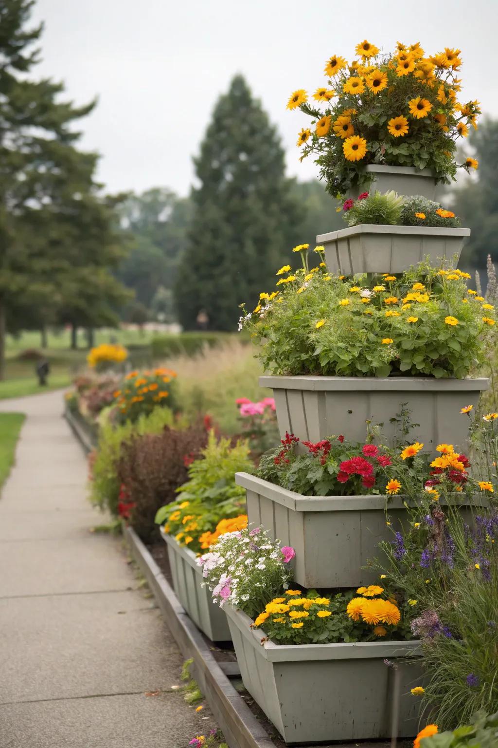 Elevated planters adding depth to a garden landscape.