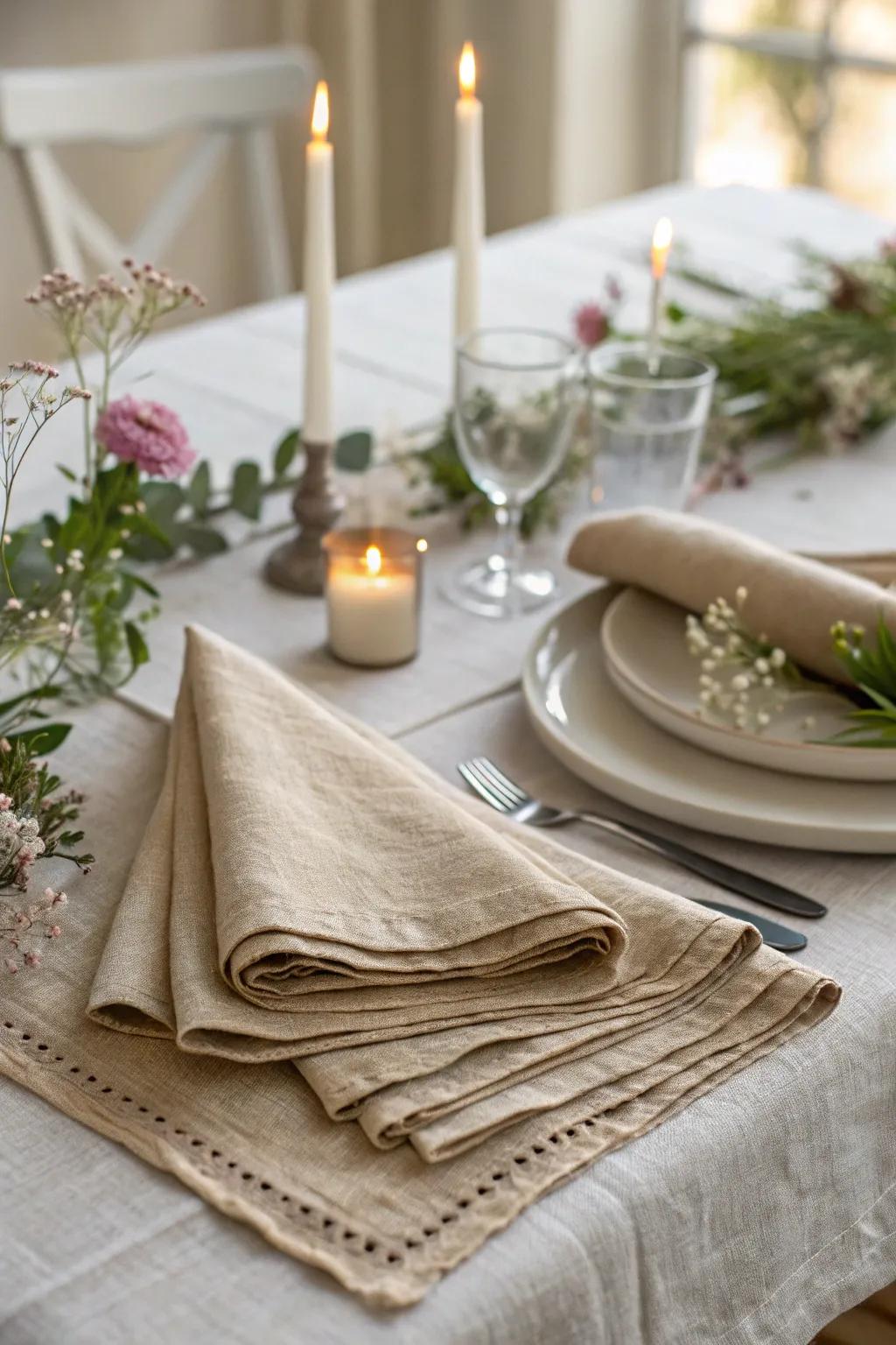 Earthy fabric squares introduce texture and warmth, perfecting the table's feel.