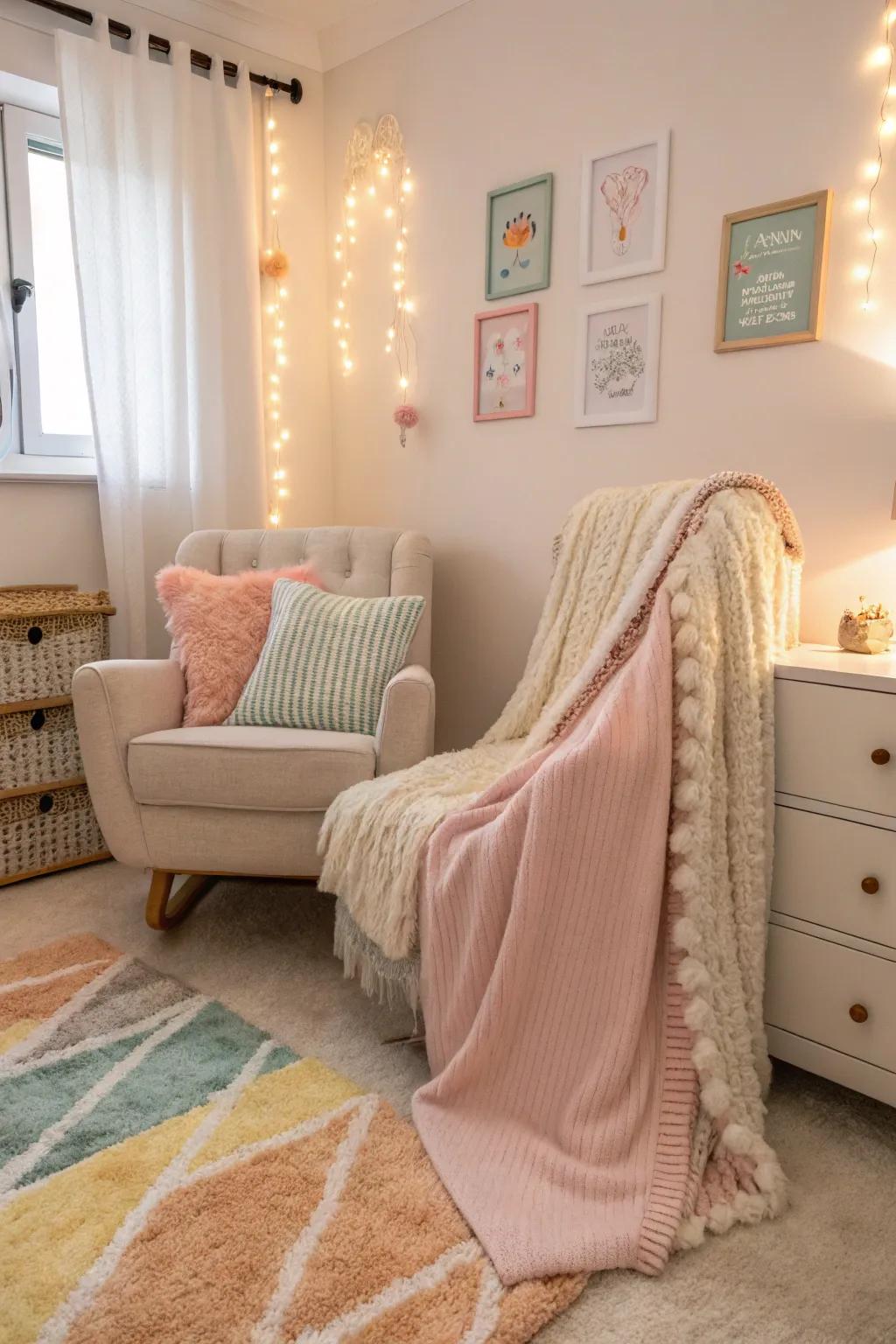 Soft materials foster a welcoming and snug atmosphere in the baby's room.