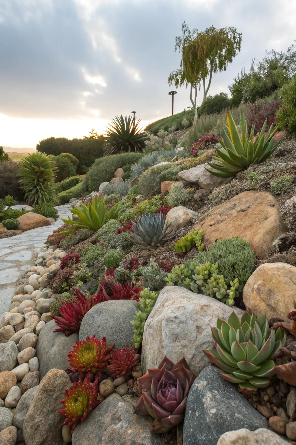 Desert plants introduce an energetic element to stone-themed landscapes.