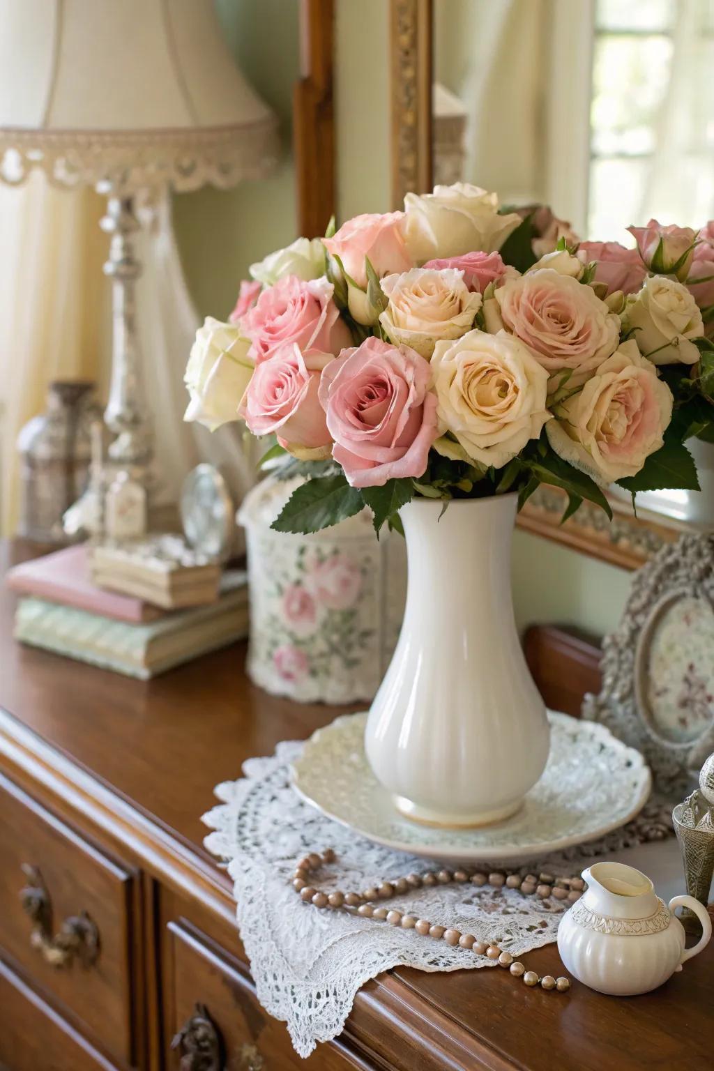 A light-colored rose arrangement, imbuing a subtle elegance to any environment.
