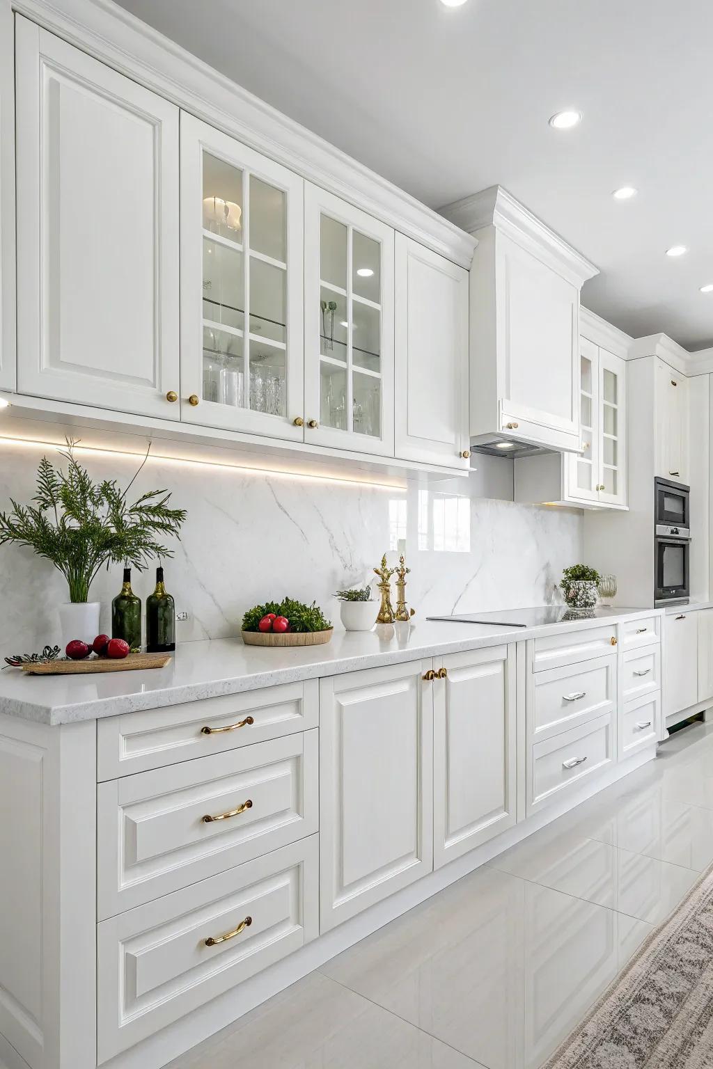 All-white cupboards create a consistent and sophisticated kitchen layout.