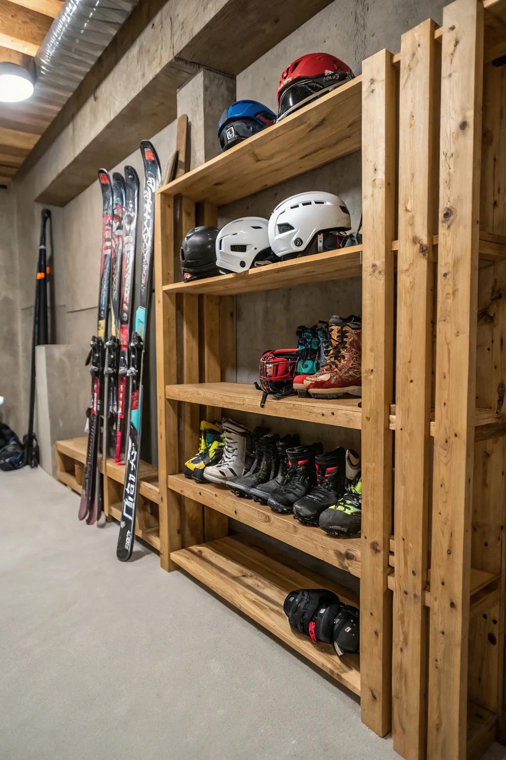 Shelving units present a multipurpose approach for keeping skis and gear.