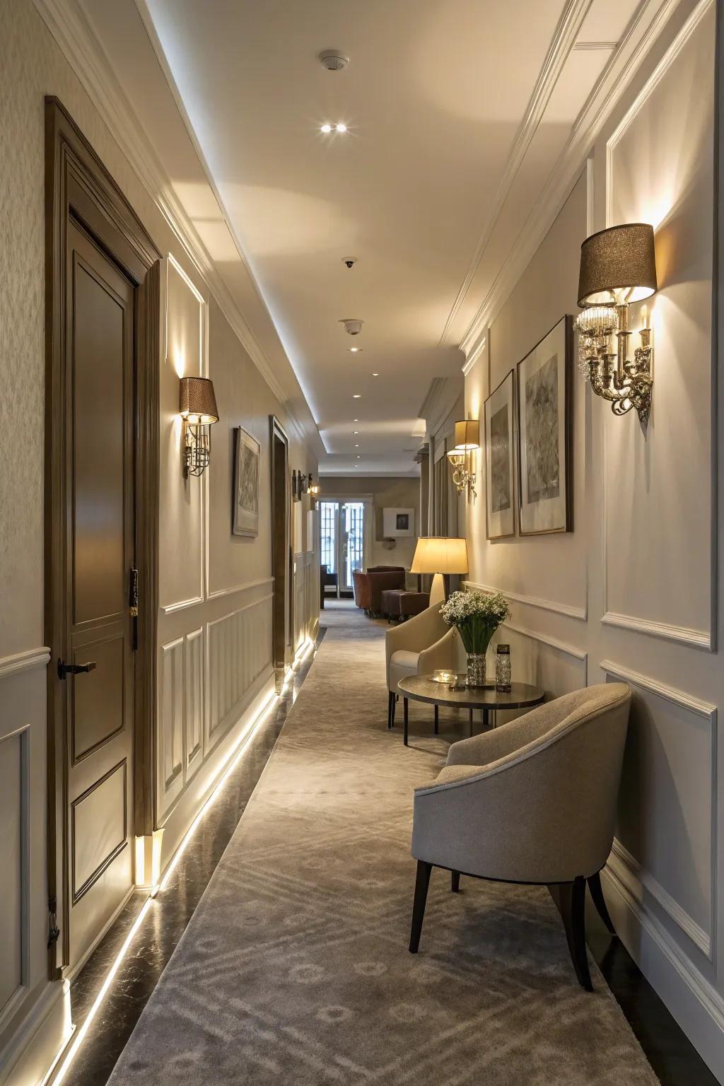 Driven lighting features baseboards, adding warmth and dramatization.