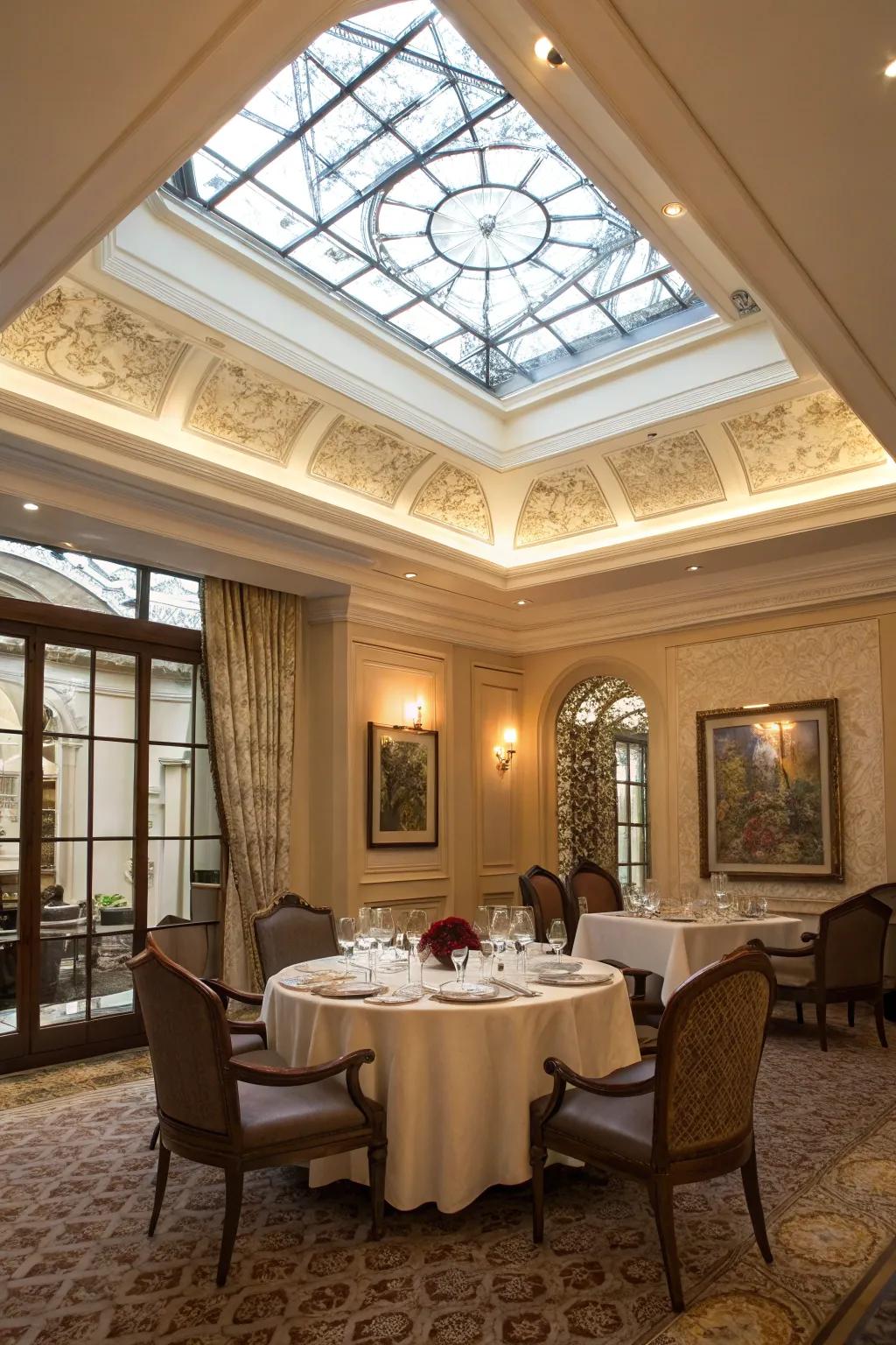 An elegant dining space featuring a skylight with ornamental detailing.
