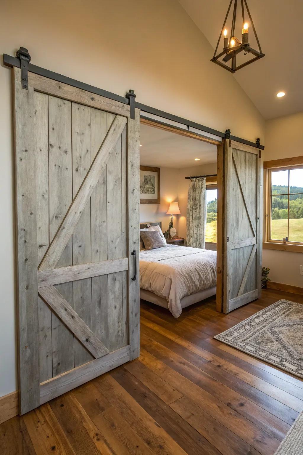 Country barn doors enriching warmth and appeal.