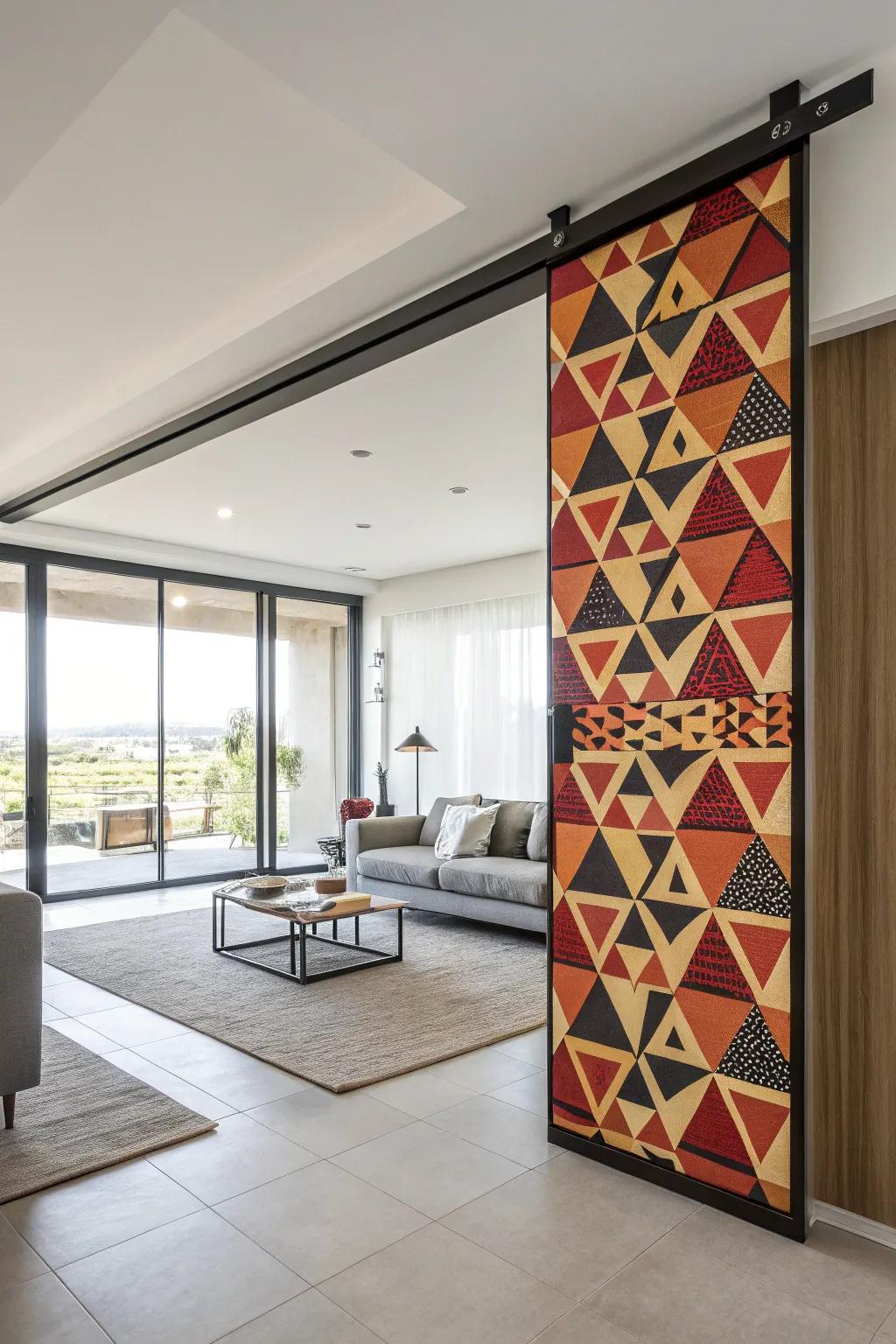 A contemporary sliding door with geometric patterns creates an artistic statement.