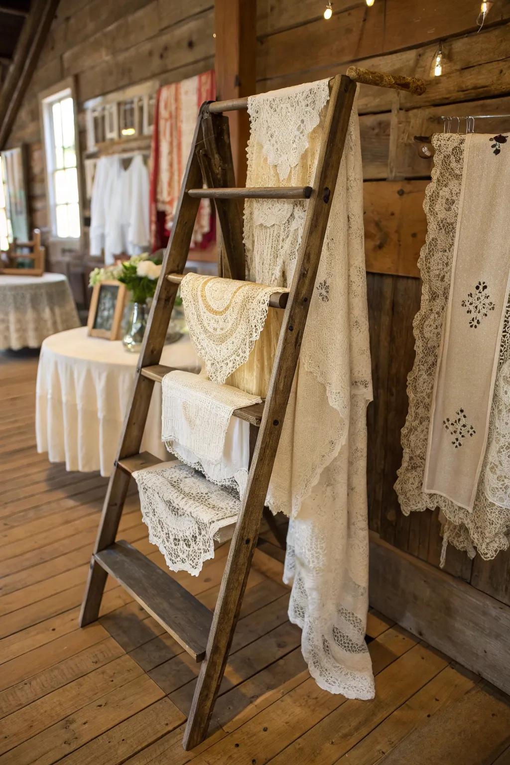 Old ladder used as a display stand for delicate cloth