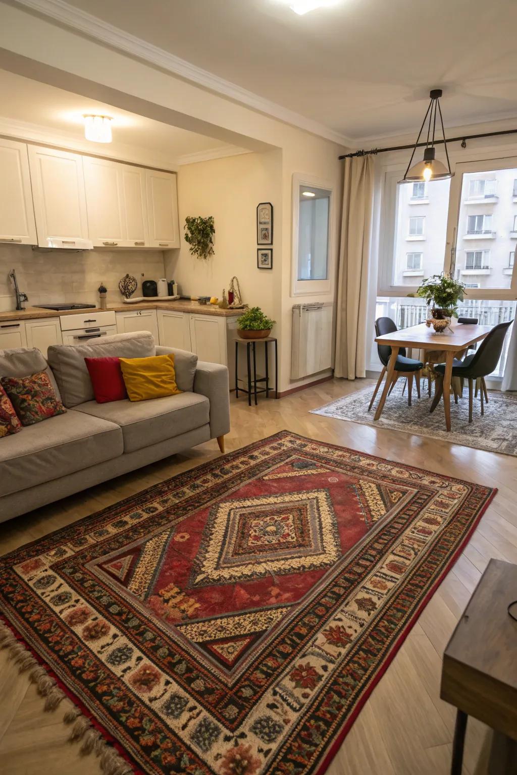 A decorative rug aids in creating separate living and dining areas in a studio apartment.