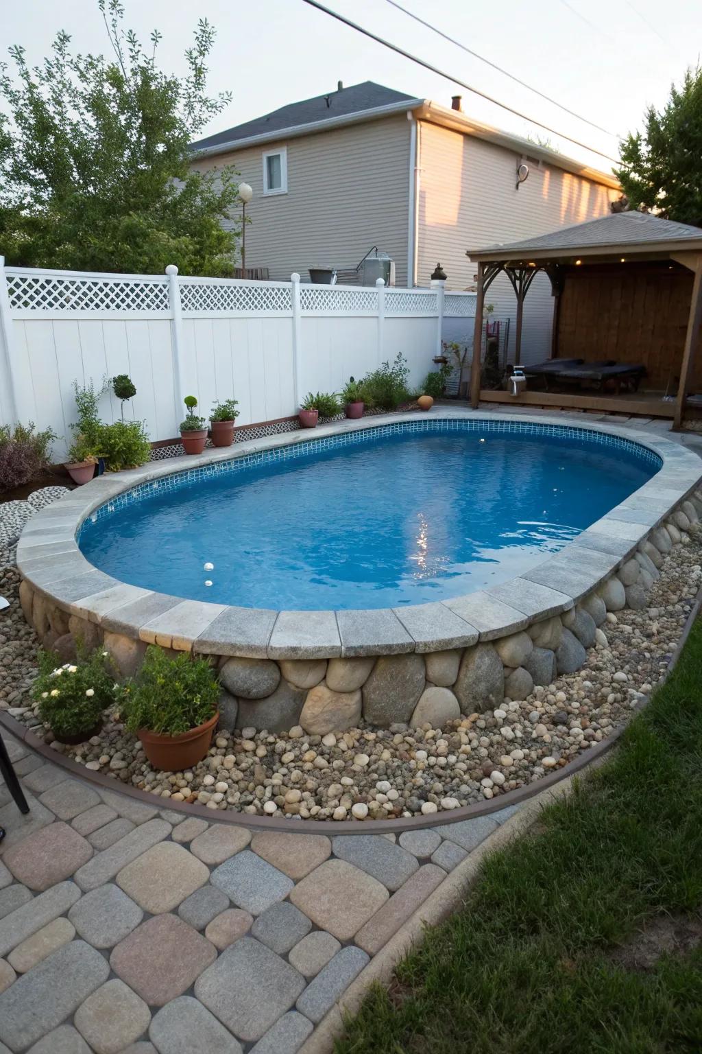 Decorative stones elegantly surrounding an above-ground pool, adding a hint of rustic charm.