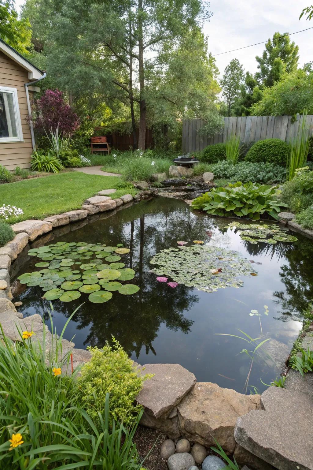Dynamic water-based plants fill this small pond with color and vitality.