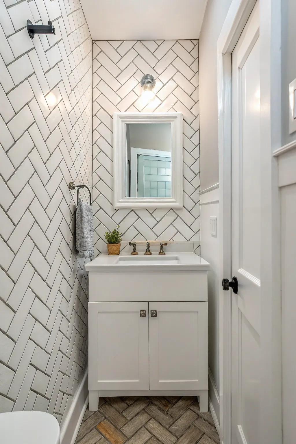 Subway tiles in a herringbone layout radiate classic elegance.