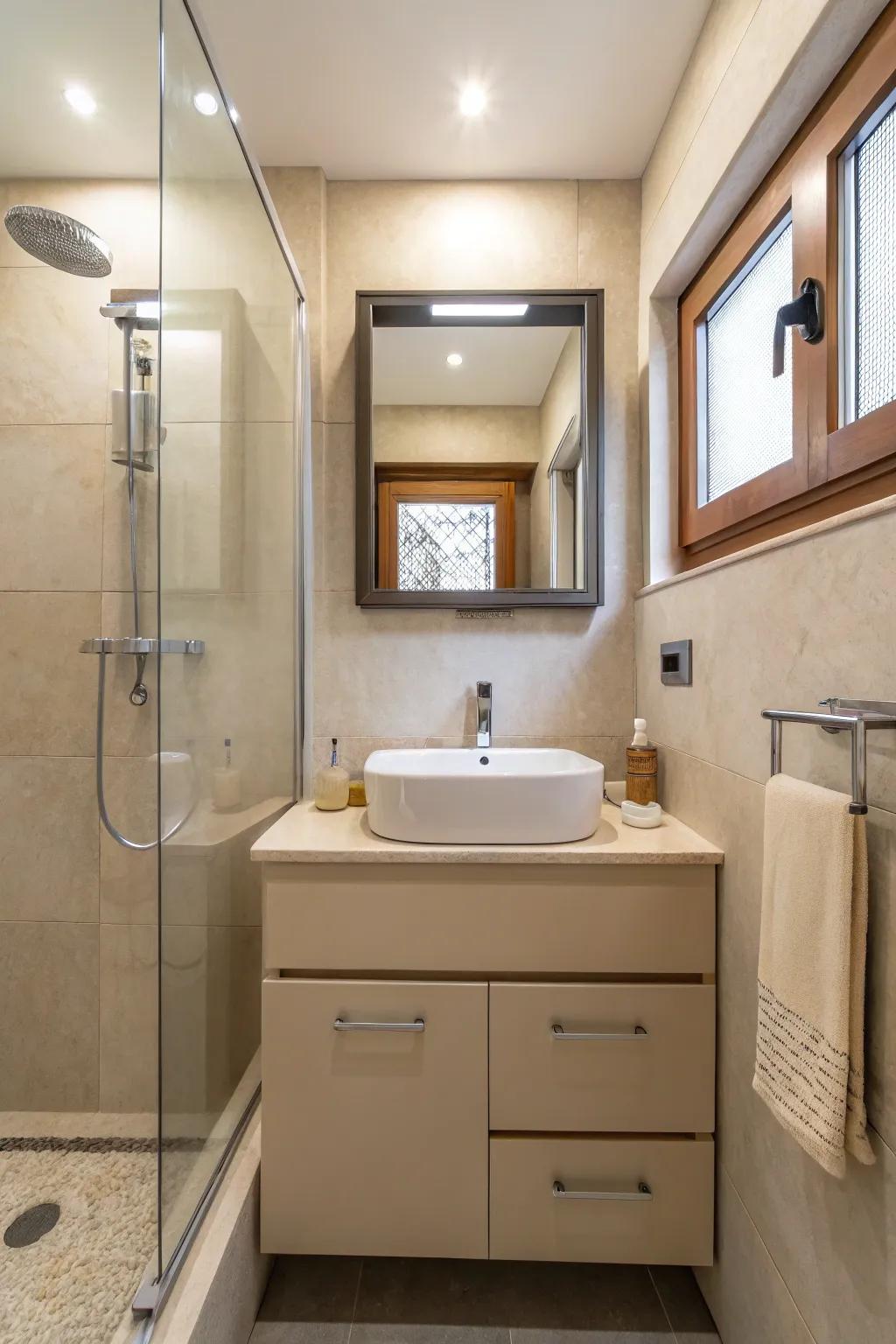 A modest bathroom fitted with current beige fixtures.