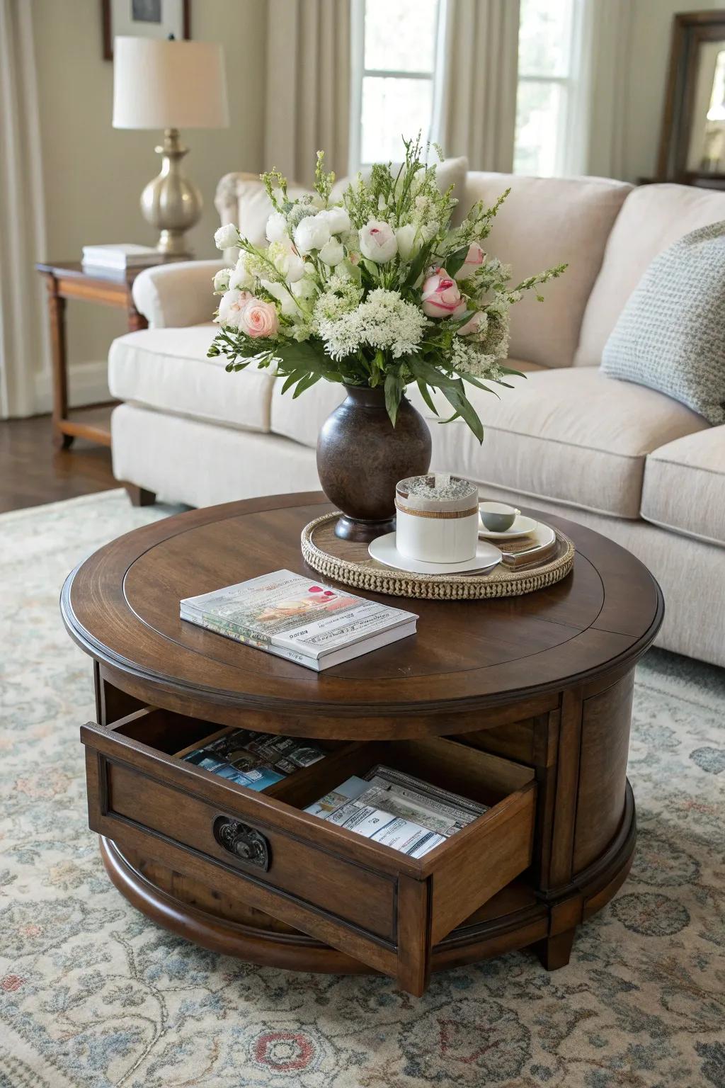 Circular tables featuring concealed compartments offer design and usefulness.