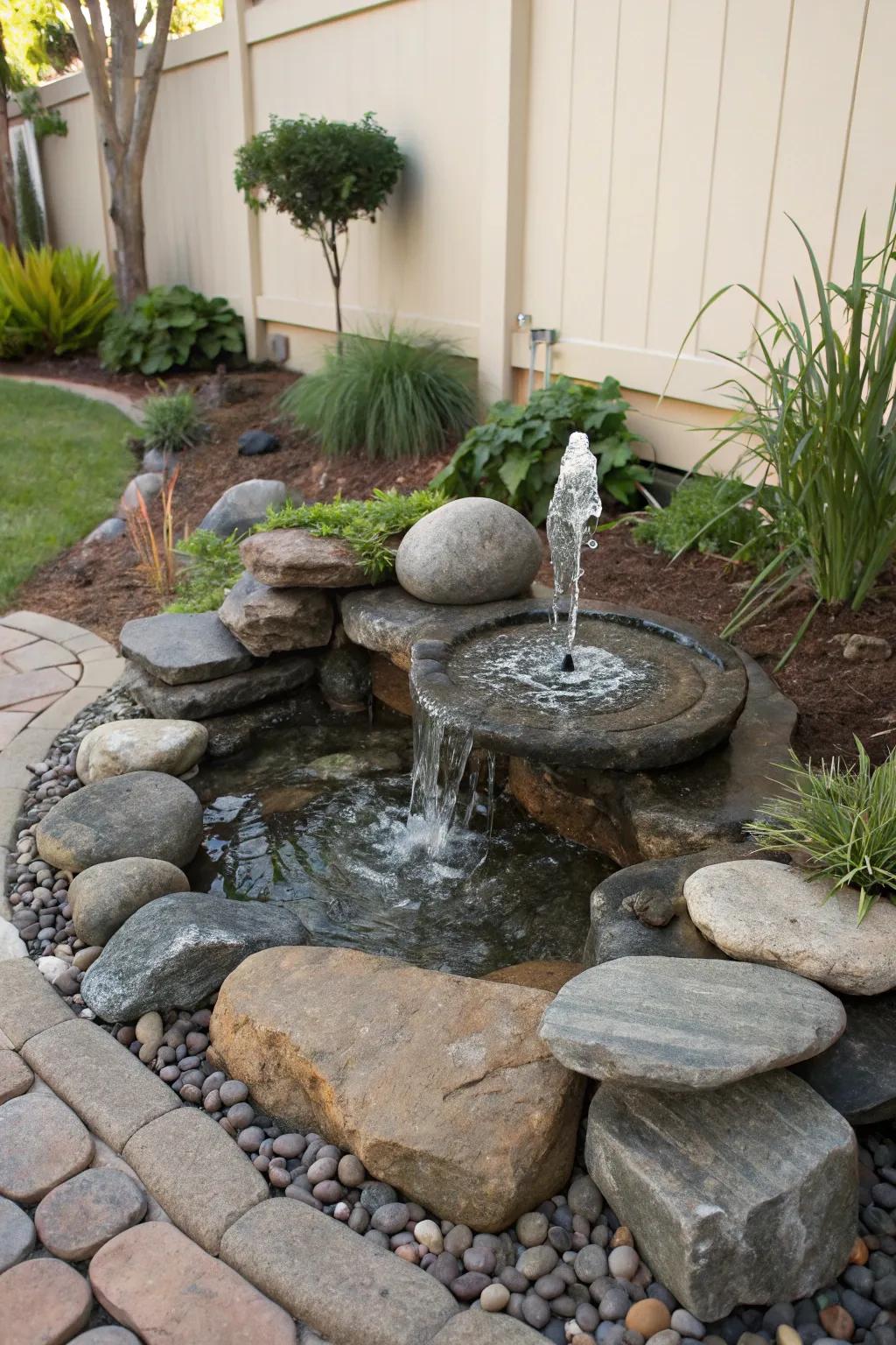 A soothing water feature within a compact corner rockery.