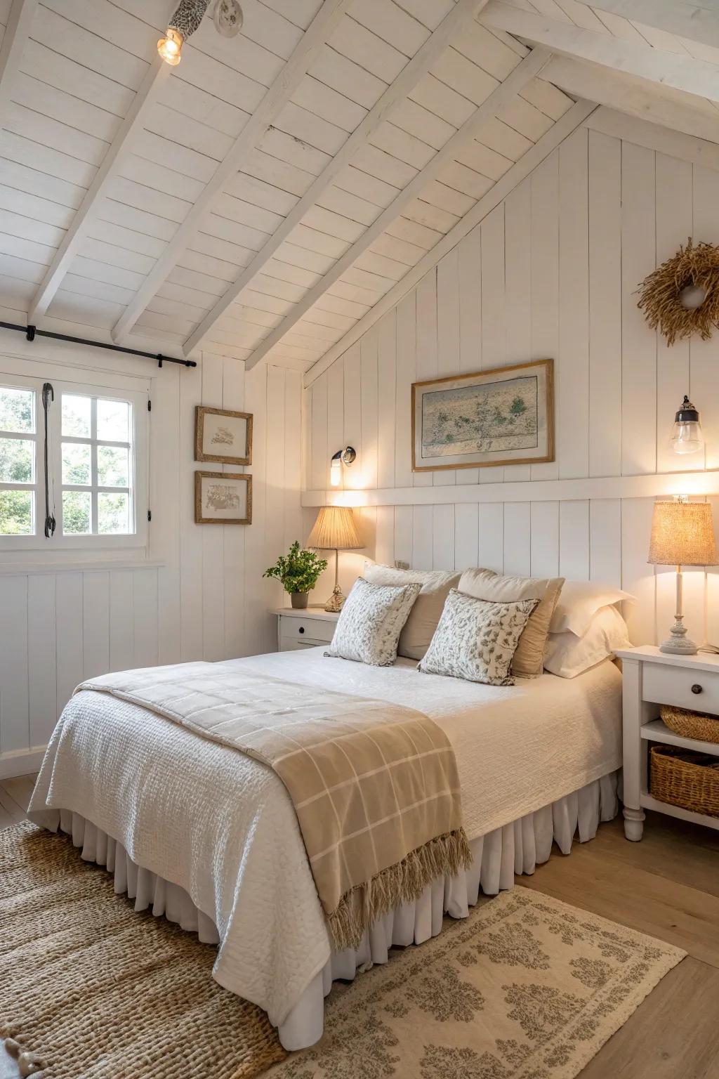 Understated hues yield a breezy and peaceful cottage slumber space.